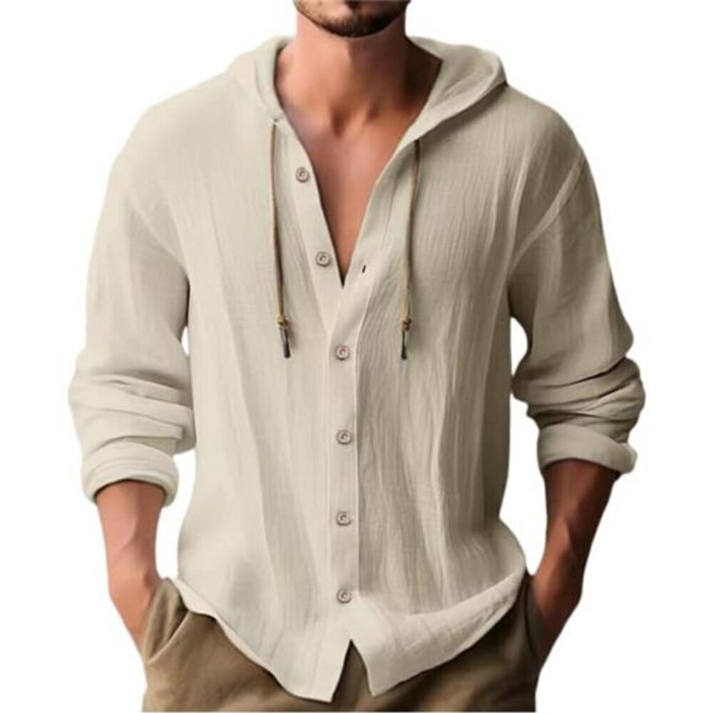Casual Linen Hoodie Shirt for Men Long Sleeve Button